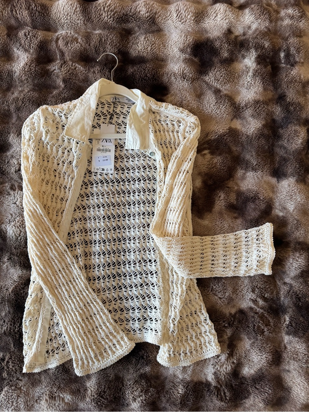 Zara Cream Open-Weave Collared Cardigan